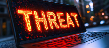Neon Threat Warning Sign Illuminated on a Laptop Screen Against a Blurry Cityscape at Nightの素材