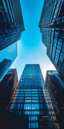 Looking Up at Modern Skyscrapers, Urban Cityscape with Glass Facades, Architectural Photographyの素材