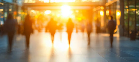 Blurred City Life People walking in a modern building at golden hour, downtown commute.の素材