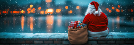 Santa s Night Delivery, a magical moment captured as Santa rests on a snow-covered wallの素材