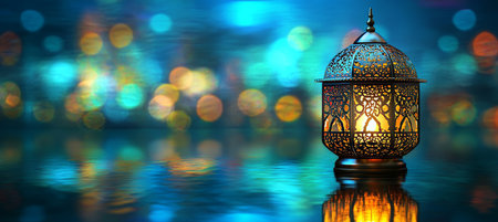 Glowing Ramadan Lantern on Reflective Surface With Festive Bokeh Background, Muslim Holiday Conceptの素材