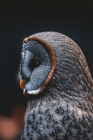 Close-Up, a Majestic Owl Sets Against a Dark Background, Showcasing its Intricate Plumage.の素材