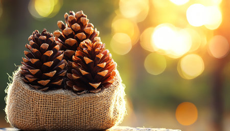 Three Pine Cones in Burlap Sack, Rustic Autumnal Still Life with Golden Sunlight and Copy Spaceの素材