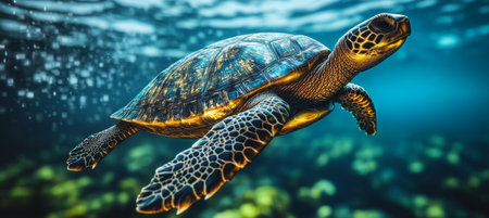 Golden Reflection A Serene Sea Turtle Effortlessly Glides Through the Crystal-Clear Ocean Depthsの素材