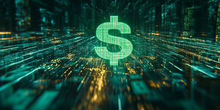 Green Neon Dollar Sign on Abstract Technology Background Representing Financial Conceptの素材