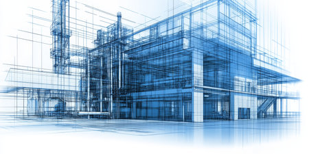 Futuristic Industrial Facility Blueprint Abstract Architectural Design in Vibrant Digital Renderingの素材