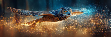 Majestic Owl Soaring Through Digital Particles A Representation of Technology and Nature.の素材