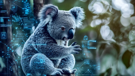 Koala in Nature with Technological Overlay Exploring the Intersection of Tech and Wildlifeの素材