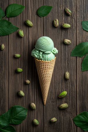 Refreshing Pistachio Ice Cream Cone on Rustic Wood with Scattered Nuts and Green Leavesの素材