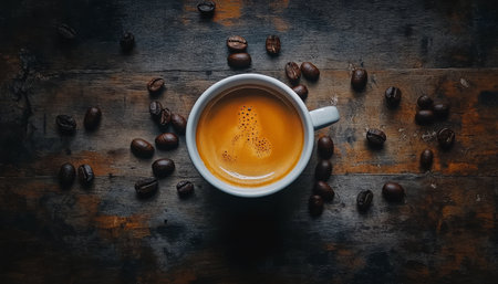 Steaming Cup of Coffee with Artistic Foam on a Rustic Wooden Table Adorned with Coffee Beansの素材