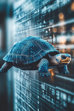 Blue Holographic Tortoise Submerged in Code, Symbolizing Slow, Steady Technological Progressの素材
