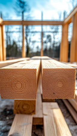 Sustainable Construction Stack of Eco-Friendly Wooden Planks at a Home Building Siteの素材