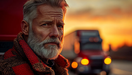 Senior Truck Driver, Rugged and Experienced, Pauses at Sunset with his Eighteen Wheelerの素材