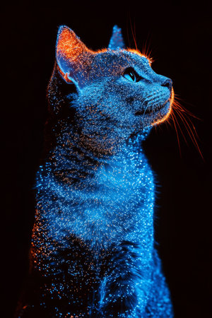 Blue Neon Cat Portrait Futuristic Pet Against Dark Background, Digital Art With Glowing Linesの素材