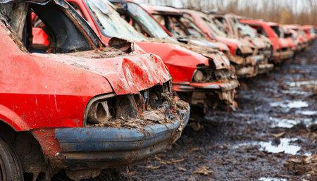 Wrecked cars in junkyard, damaged automobiles after accidents, Car for spare parts, Close upの素材
