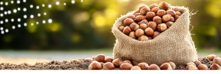 Overflowing Burlap Sack Filled With Fresh Hazelnuts, Harvest Time, Autumn Abundance, Close Upの素材