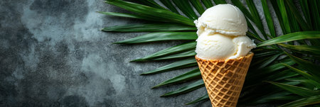 Refreshing Coconut Ice Cream in Waffle Cone on Tropical Palm Leaf Background, Summer Treatの素材