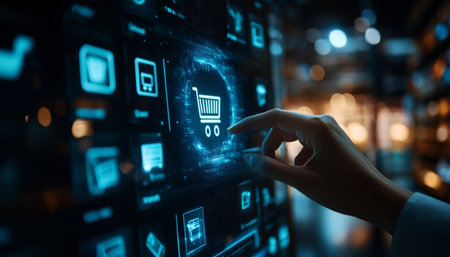 Businessperson Navigating Virtual Interface for Online Shopping, E-Commerce and Technology Concept.の素材