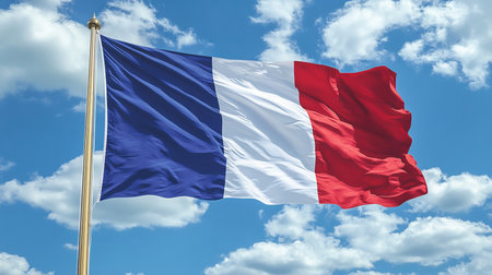 French Flag Waving in the Wind, Patriotic Symbol of France with Blue, White, and Red Colorsの素材