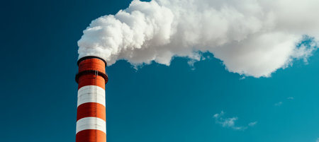 Industrial Chimney Emitting a Plume Of Smoke Into Clear Skies . Concepts Environment Pollutionの素材