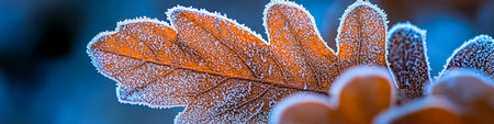 Close-up Of Frost Covered Oak Leaves With Vibrant Orange And Blue, Shallow Depth Of Fieldの素材