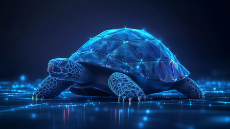 Futuristic Holographic Tortoise Navigating Abstract Blue Cyberspace, Advanced Technologyの素材
