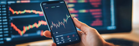Close Up Analyzing Stock Market Data, Charts, And Financial Indicators On Mobile Phone Screen.の素材