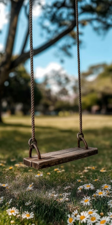 Empty Wooden Swing Hanging From Tree In Park With Flowers On Sunny Day, Tranquil Sceneの素材