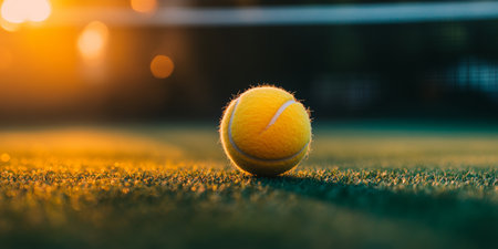 Tennis Ball Lies On Court Covered With Green Grass Outdoor, Lit By Warm Evening Sunlightの素材