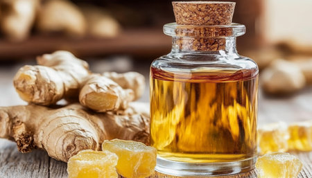 Ginger Essential Oil Aromatic Essence of Fresh Ginger Root in a Glass Bottle with Slicesの素材