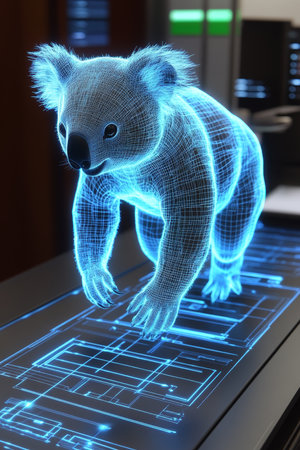Holographic Koala in Digital Landscape Technological Advancement and Innovation Conceptの素材