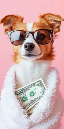 Cool Rich Dog With Sunglasses Holdins US Cash,. Success Entrepreneur Concept On Pink Backgroundの素材