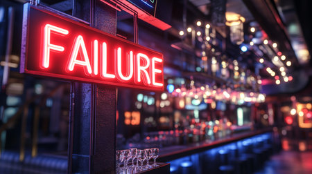 Neon Failure Sign Glowing in Dark Blurred Bar Setting Representing Business Challengesの素材
