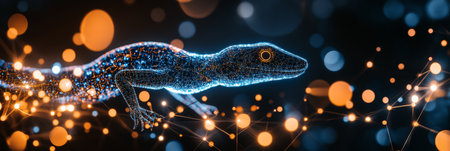 Holographic Lizard Navigates a Futuristic Digital World, Symbolizing Technology s Advancements.の素材