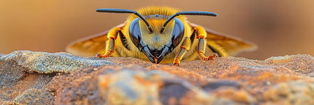 Extreme Close-Up Honeybee with Striking Compound Eyes and Antennae Perched on Rocky Terrainの素材