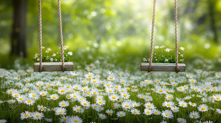 Empty Wooden Swings Hanging From a Tree Branch Over a Field of Daisies in Summertime,の素材
