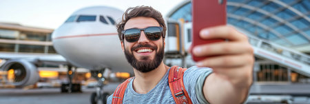 Happy Young Man Takes Selfie with Phone Before Boarding, Cheery Traveler at the Airportの素材