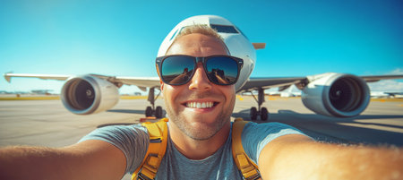 Excited Young Man Taking a Selfie with Smartphone in Front of an Airplane, Embarking on a Journeyの素材