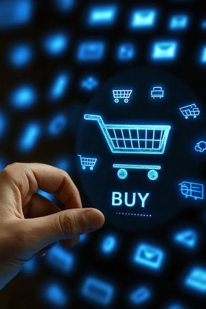 Businessman Using Online Shopping Application With Illuminated Icons, Touching Virtual BUY Buttonの素材