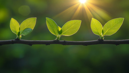 New Life Three Small, Translucent Spring Leaves Sprouting on a Branch, Backlit by Golden Sunlightの素材