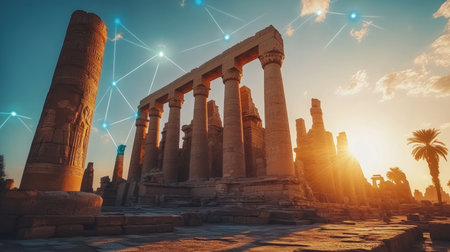 Ancient Ruins of Karnak Temple Connected in a Digital Network at Sunset. Luxor, Egyptの素材