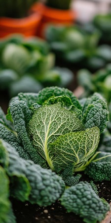 Fresh Organic Savoy Cabbage Growing in a Garden, Close Up View of Green Leafy Vegetableの素材