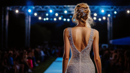 Elegant Model In Sparkling Evening Gown On Catwalk During Fashion Show Event, Back Viewの素材