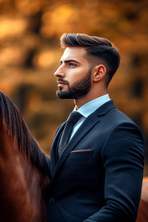 Handsome Man in Suit, with Short Hair and Beard, Posing Confidently with Horse in Autumnの素材