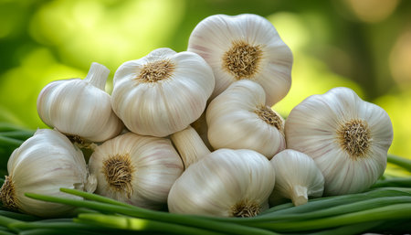 Freshly Harvested Aromatic Garlic Bulbs on a Bed of Vibrant Green Onions, Close Up Viewの素材