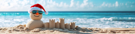 Sandy Snowman in Santa Hat Builds Sandcastle on Tropical Beach, Christmas Vacation Conceptの素材