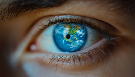 World Sight Day Close-Up View of Human Eye with Planet Earth Reflection, Global Vision Conceptの素材