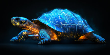 Blue Holographic Tortoise in a Digitally Created Environment, Symbol of Advancements in Technologyの素材