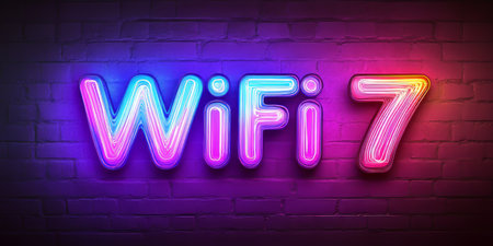 Vibrant Illuminated Wifi 7 Sign on a Brick Wall, Representing High-Speed Internet Connectivityの素材