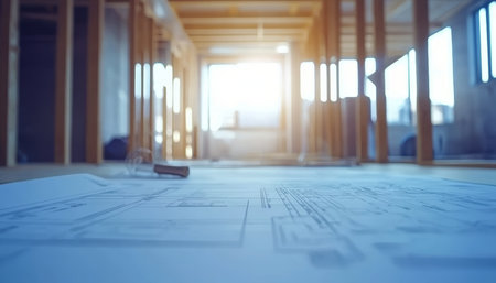 New Home Construction Blueprint Floor Plan with Sun Light, Architectural Design Background.の素材